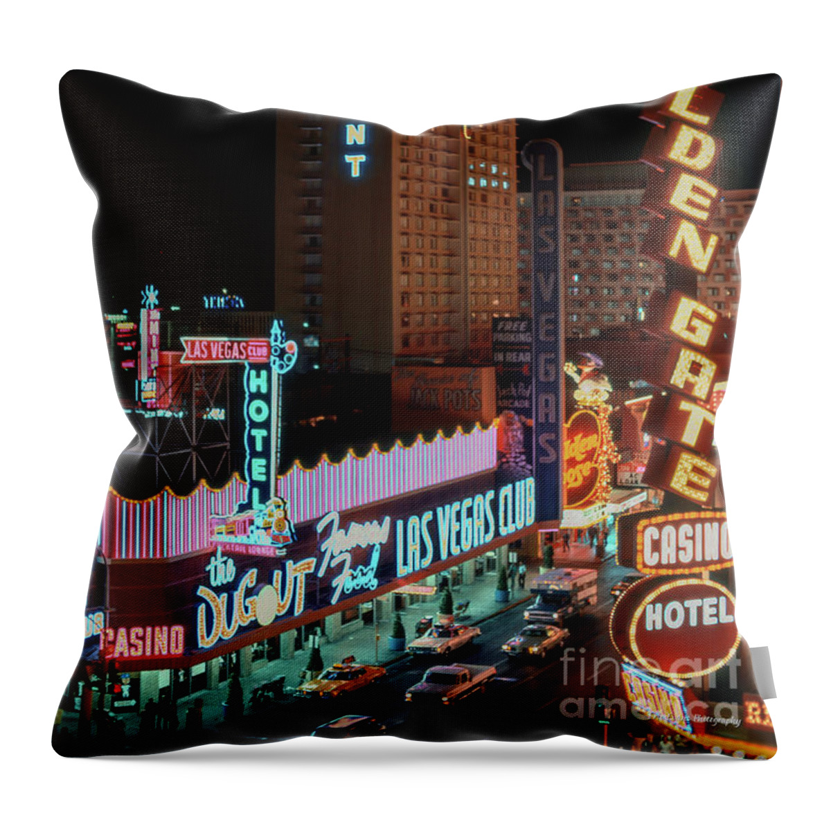 Las Vegas Club Throw Pillow featuring the photograph Fremont Street Las Vegas Club The Mint Night Elevated 1975 by Aloha Art