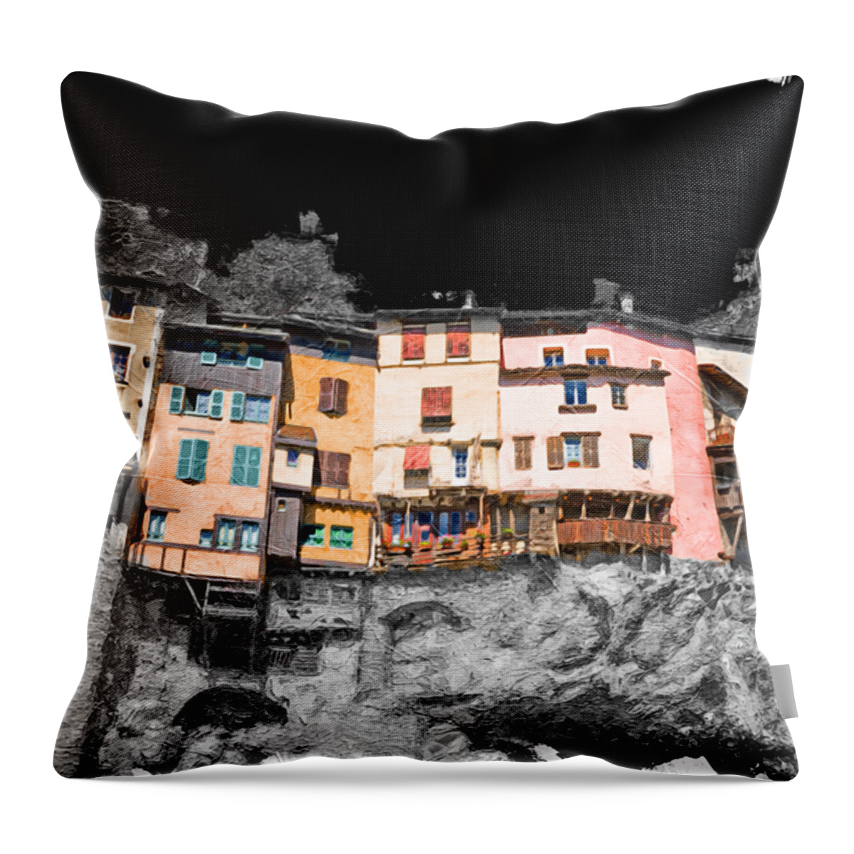 Village Throw Pillow featuring the painting French suspended village of Pont en Royans on cliff oil by Gregory DUBUS