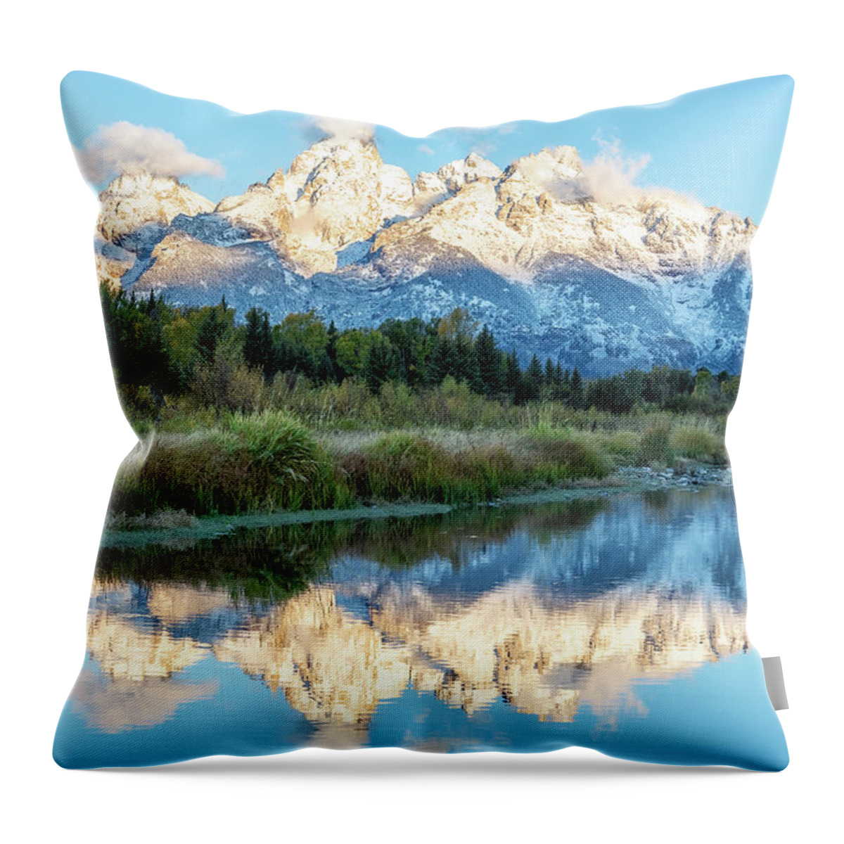 Grand Tetons Throw Pillow featuring the photograph Fresh Snow on the Grand Tetons in Fall by Belinda Greb