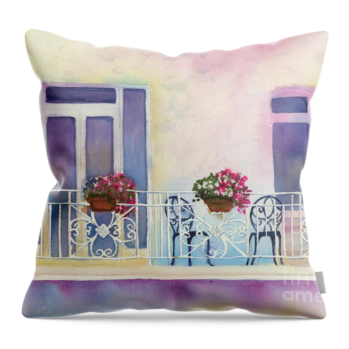Watercolor Painting Throw Pillow featuring the painting Fresh Winds Balcony by Amy Kirkpatrick