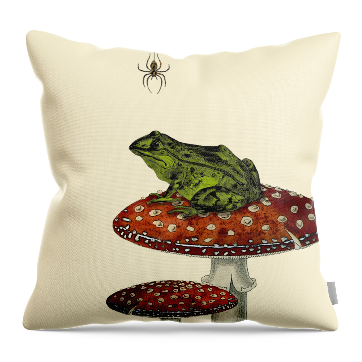 Frog Throw Pillow featuring the mixed media Frog on a toadstool by Madame Memento