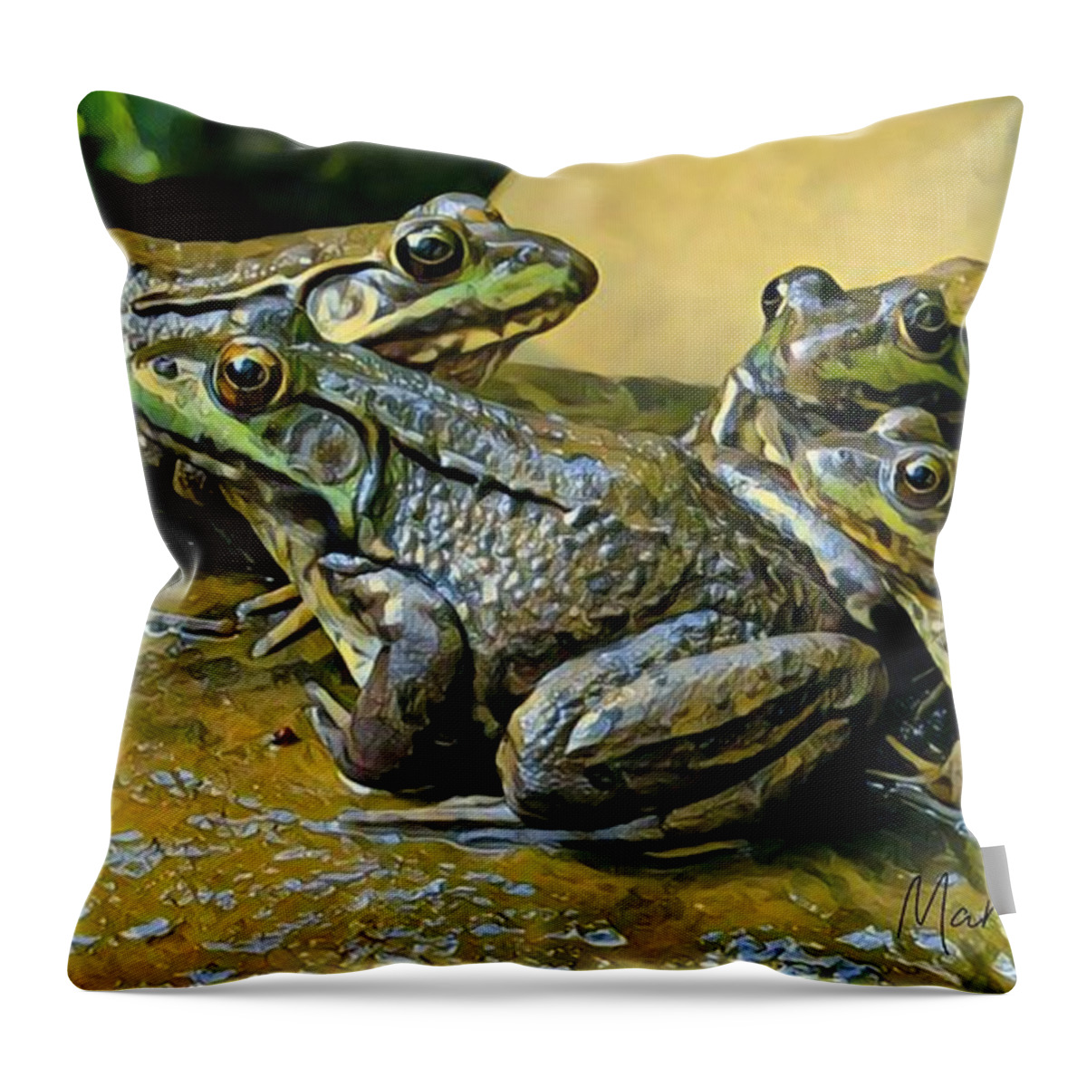 Frog Throw Pillow featuring the painting Frogs in a Huddle by Marilyn Smith