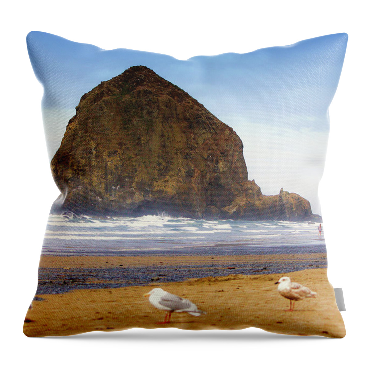 Haystack Rock Throw Pillow featuring the photograph From a Gull's Perspective Haystack Rock by Kandy Hurley