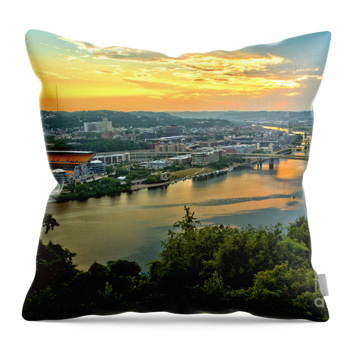 Pittsburgh Throw Pillow featuring the photograph From Acrisure Stadium To The Point Sunrise by Adam Jewell