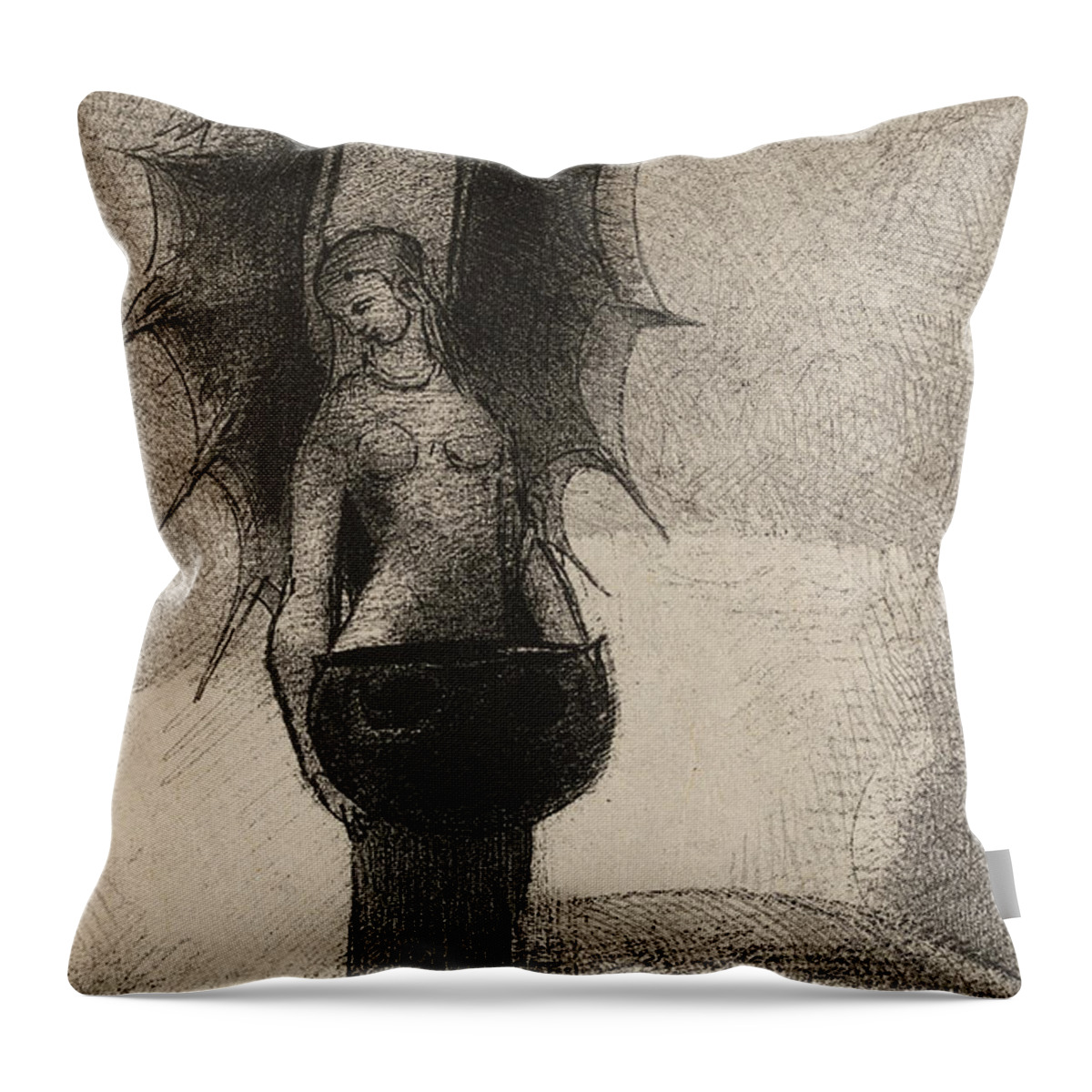 19th Century Throw Pillow featuring the relief Frontispiece from Iwan Gilkin's Tenebres by Odilon Redon