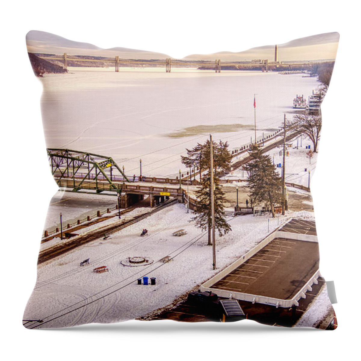 Sunset Throw Pillow featuring the photograph Frozen St Croix River Downtown Wintertime in Stillwater Minnesota Downtown Lights by Greg Schulz Pictures Over Stillwater