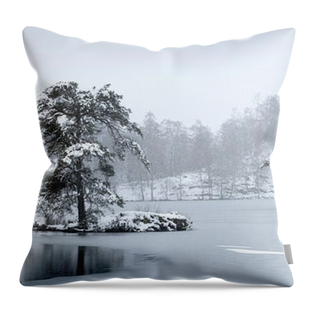 Panorama Throw Pillow featuring the photograph Frozen tarn hows covere din snow lake district by Sonny Ryse