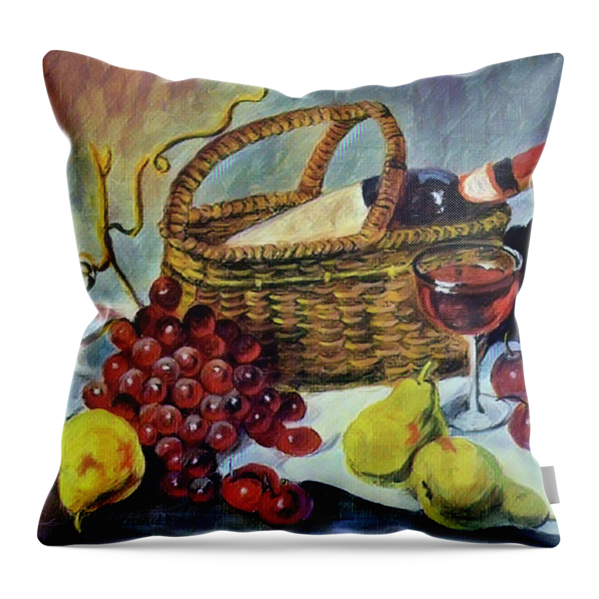 Basket Throw Pillow featuring the painting Fruit Basket with Wine by Joel Smith
