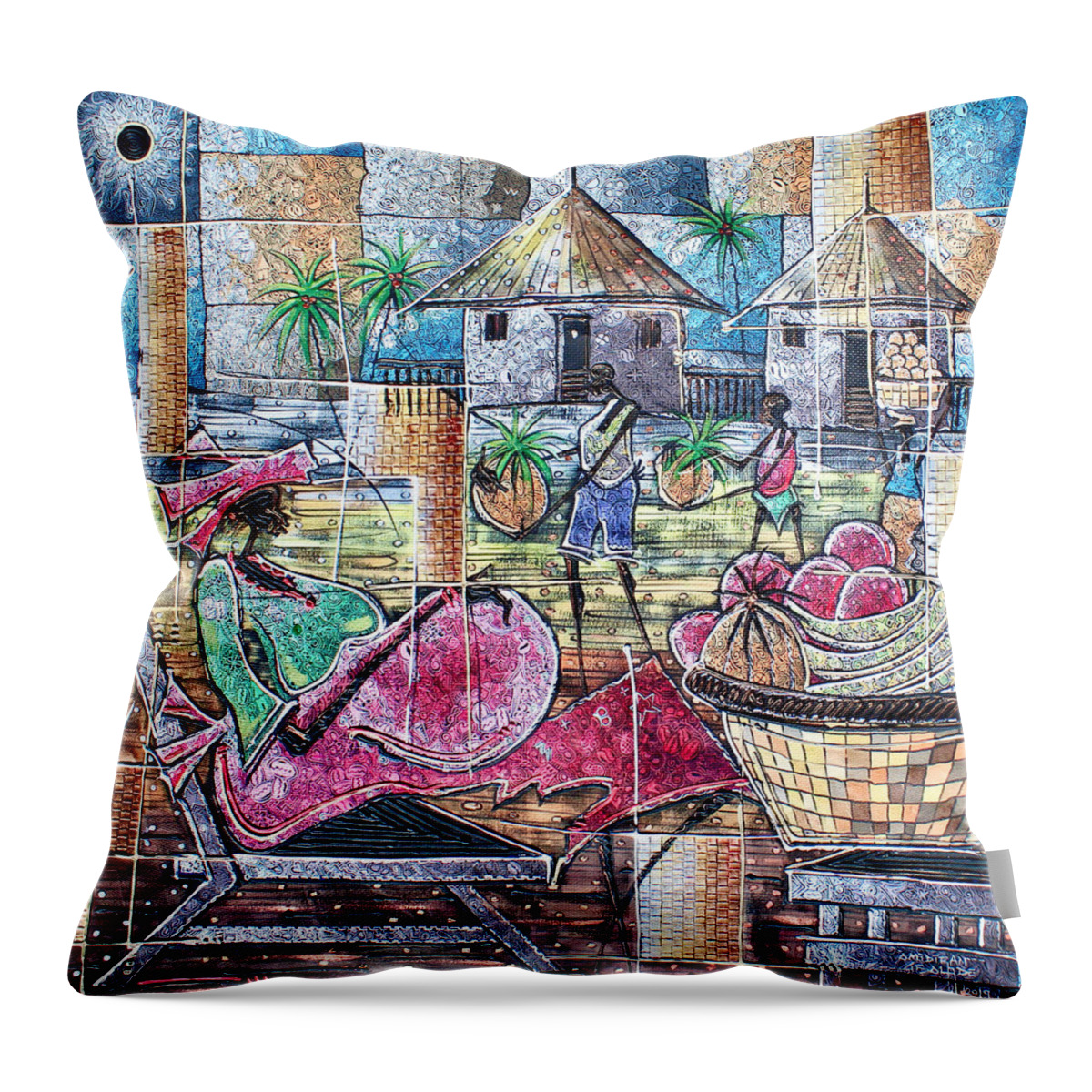 Africa Throw Pillow featuring the painting Fruit Selling Village by Paul Gbolade Omidiran