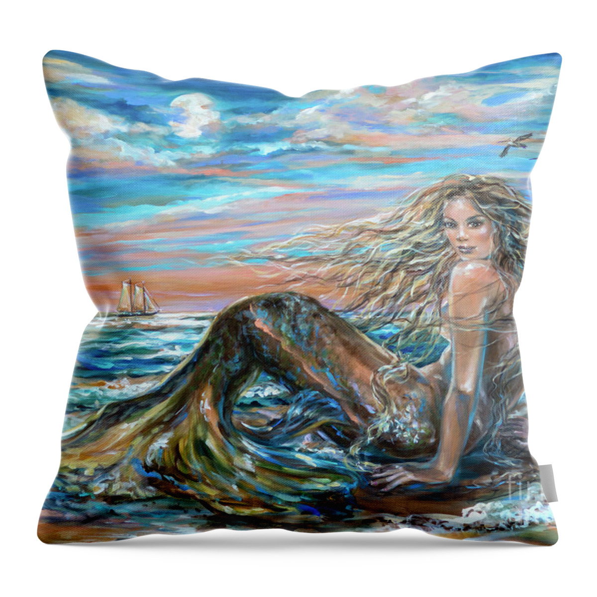 Ocean Throw Pillow featuring the painting Full Moon Siren by Linda Olsen