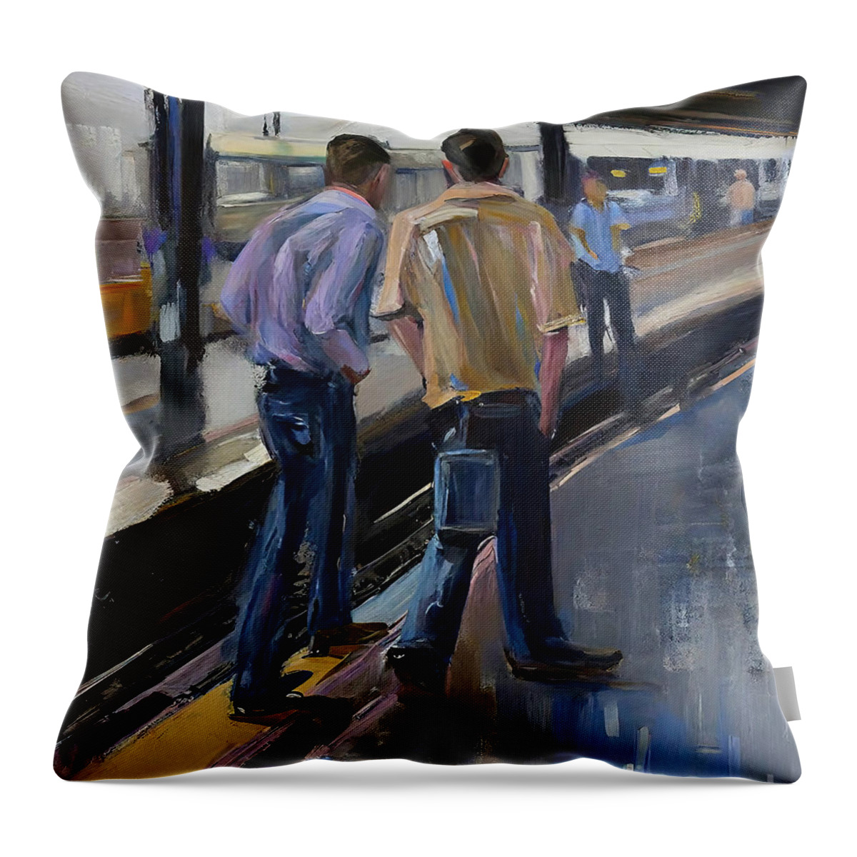 Panel Throw Pillow featuring the painting Fullerton El Stop Painting panel train chicago el fullerton oil by N Akkash