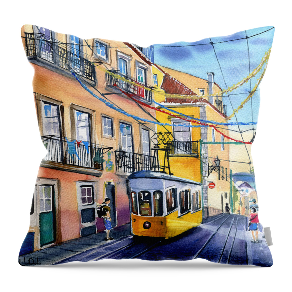 Portugal Throw Pillow featuring the painting Funicular Bica in Lisbon by Dora Hathazi Mendes
