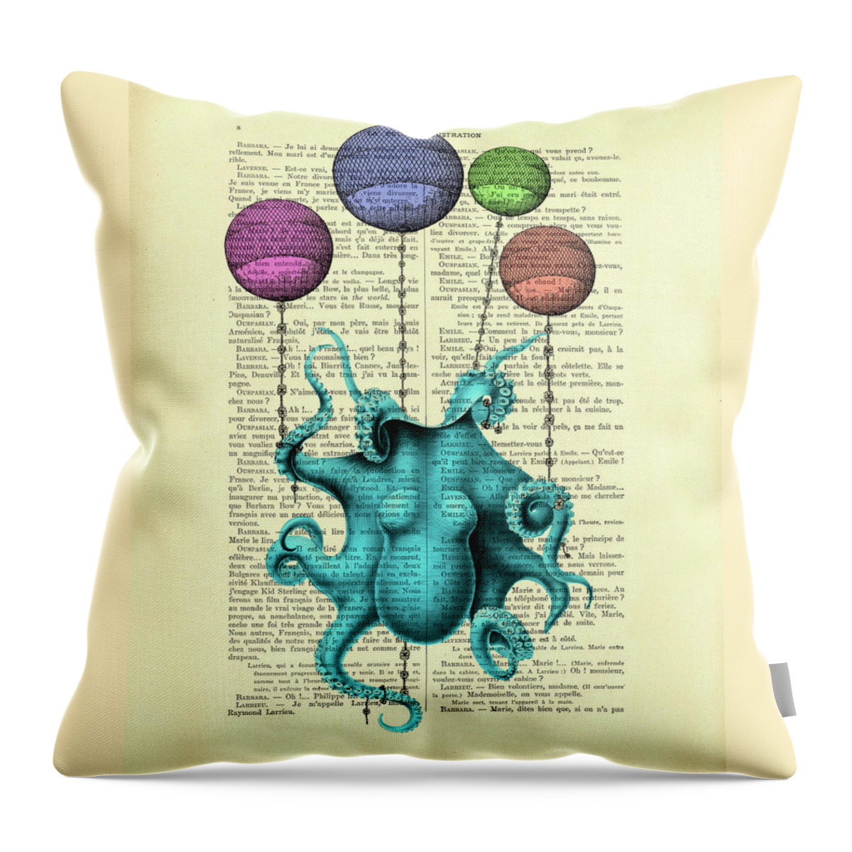 Octopus Throw Pillow featuring the mixed media Funny Blue Octopus by Madame Memento