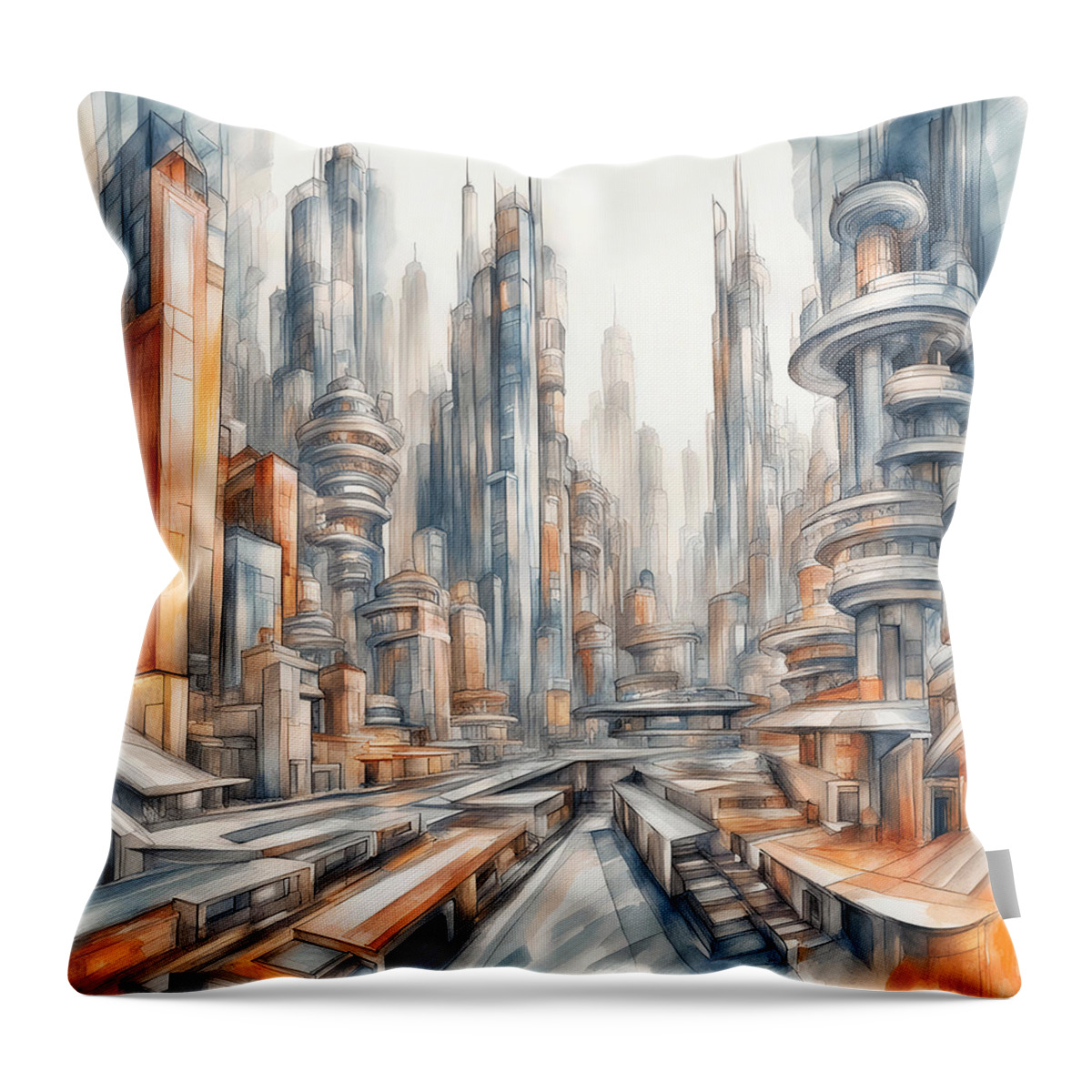 Abstract Throw Pillow featuring the painting Futuristic City by Mounir Khalfouf