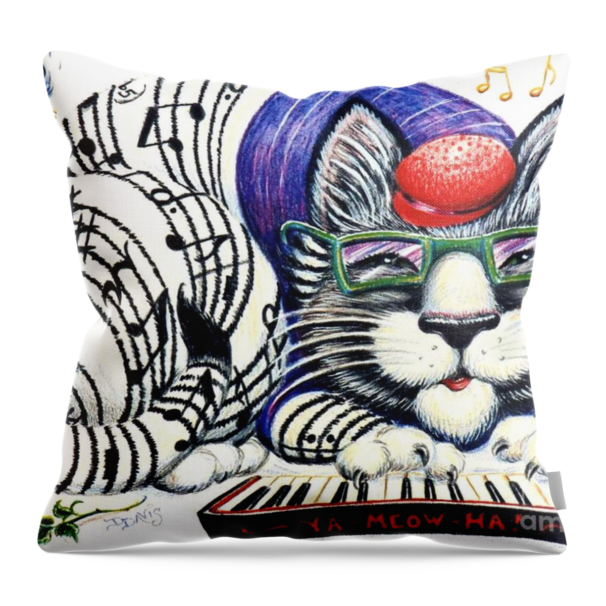 Cat Throw Pillow featuring the drawing Fuzzy Catterwailen by Dee Davis