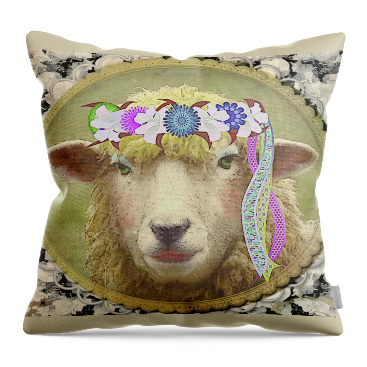 Vintage Style Throw Pillow featuring the mixed media G-lamb-orous Sheep by Shelli Fitzpatrick
