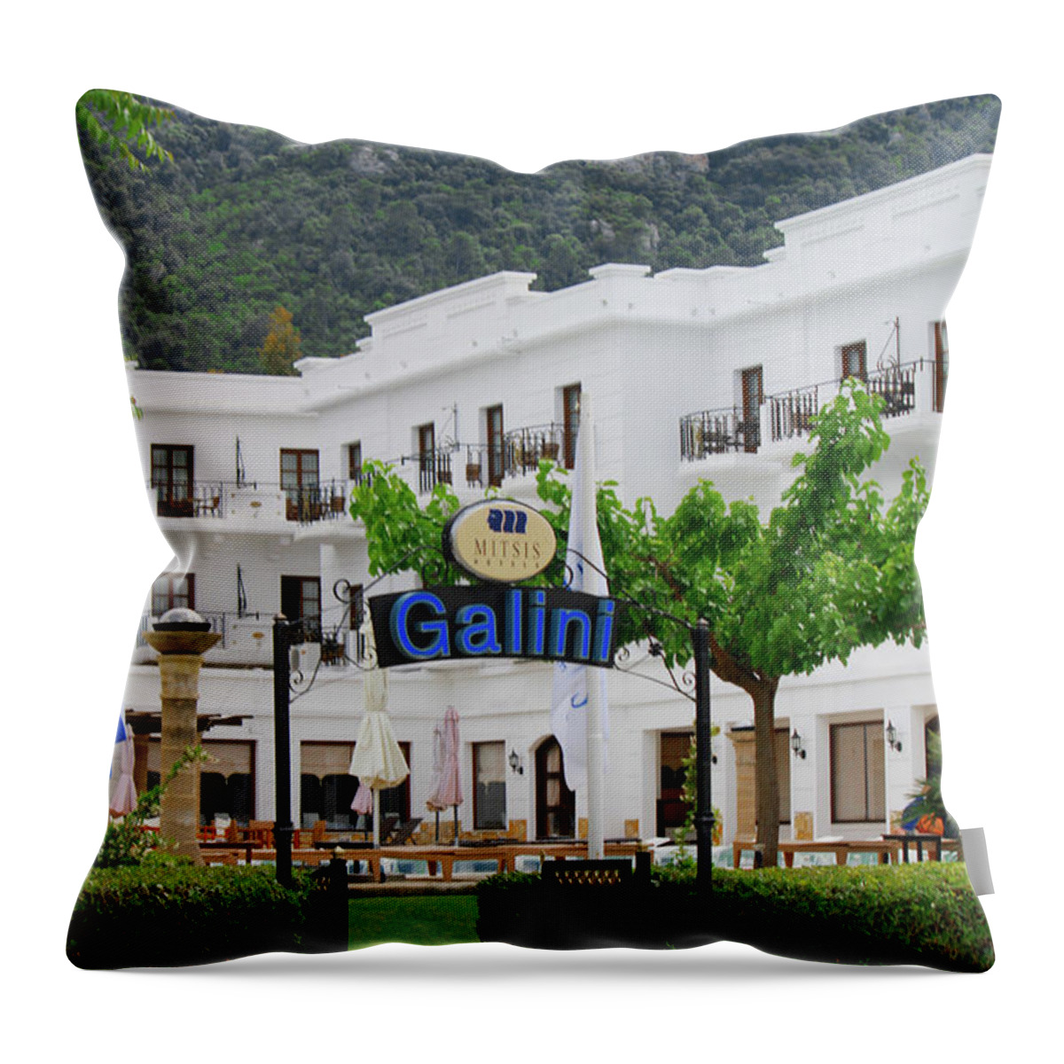 Galini Throw Pillow featuring the photograph Galini Hotel by Donna L Munro