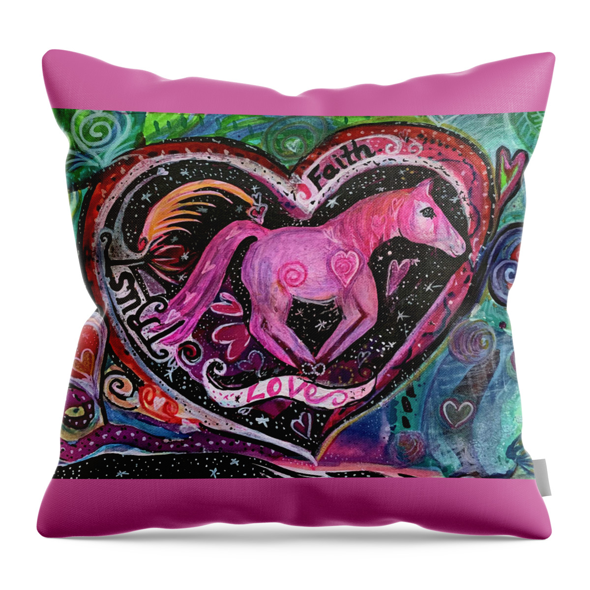 Horse Throw Pillow featuring the mixed media Galloping Horse of Love, Faith, Trust by Sandy Rakowitz