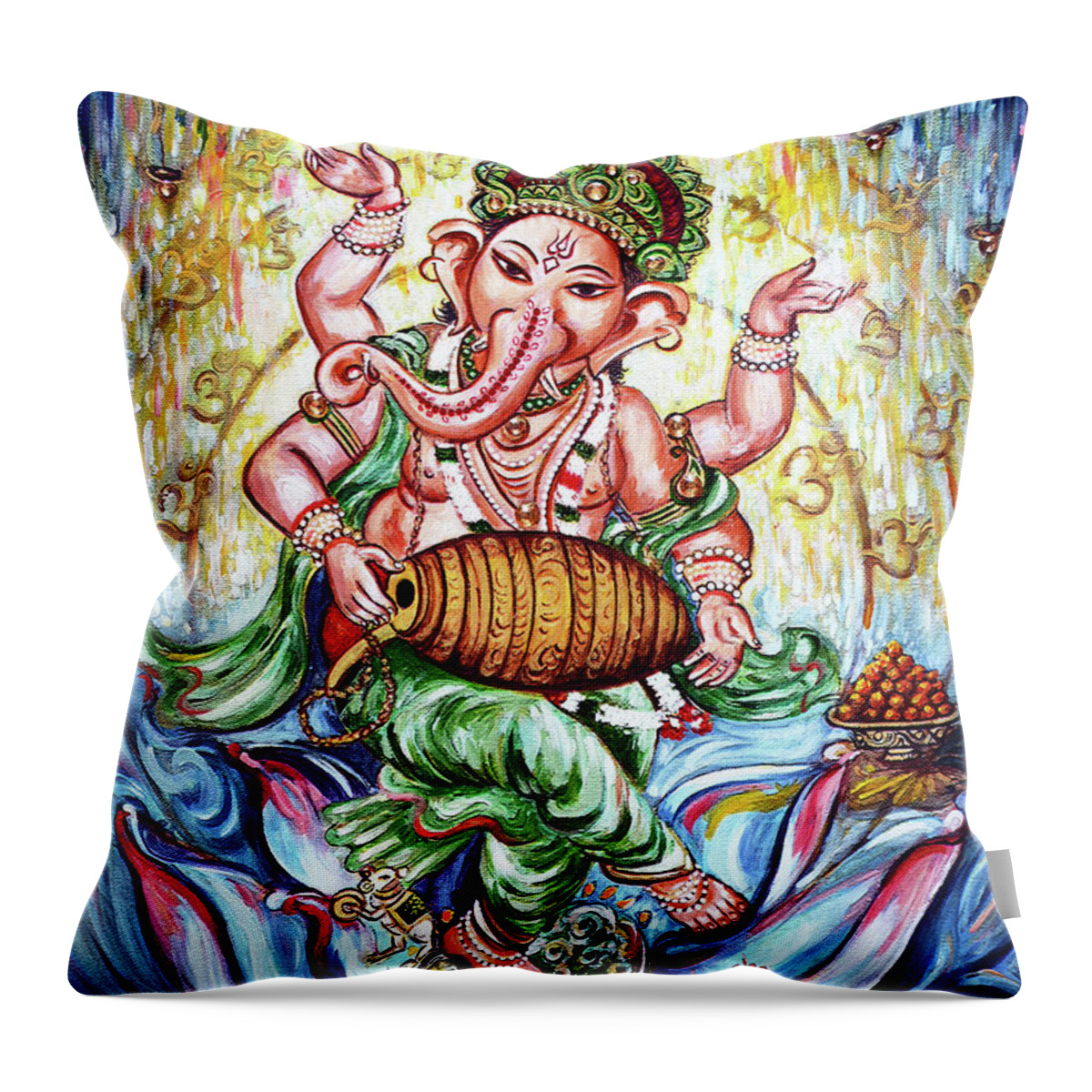 Ganesha Throw Pillow featuring the painting Ganesha Dancing and Playing Mridang by Harsh Malik