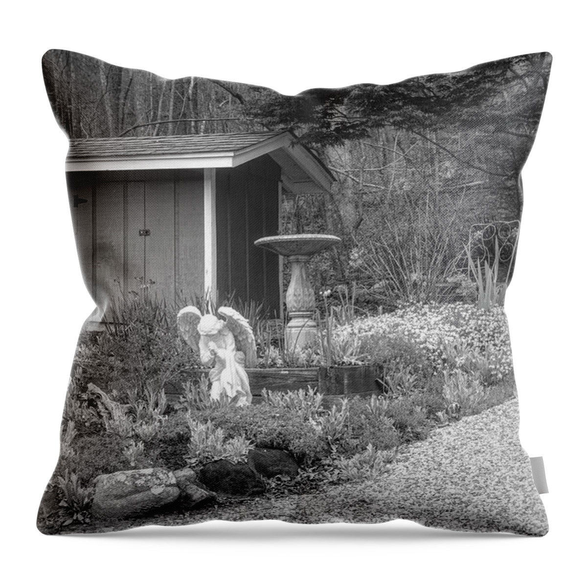 Barns Throw Pillow featuring the photograph Garden Angel in Black and White by Debra and Dave Vanderlaan