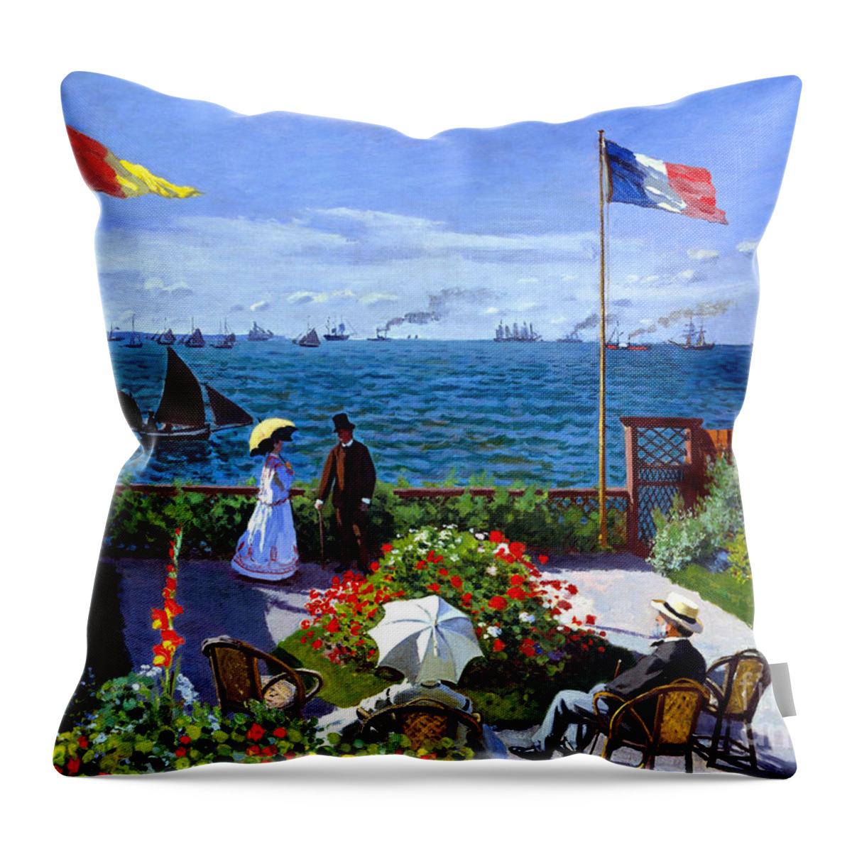 Claude Monet Throw Pillow featuring the painting Garden at Sainte Adresse by Claude Monet by Claude Monet