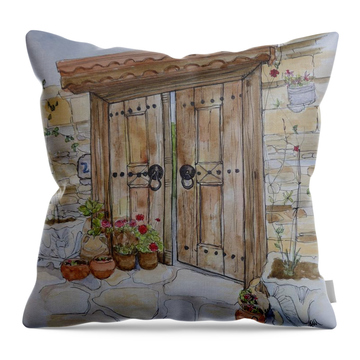 Antique Door Throw Pillow featuring the painting Garden door by Lisa Mutch