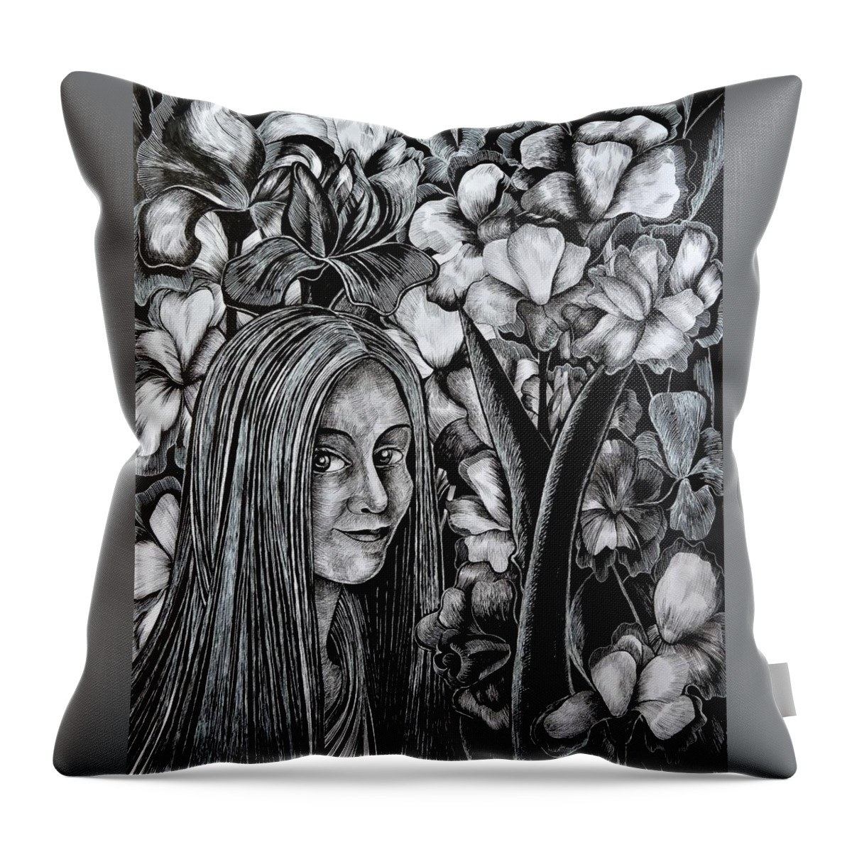 Nature Throw Pillow featuring the drawing Garden. Iris by Anna Duyunova