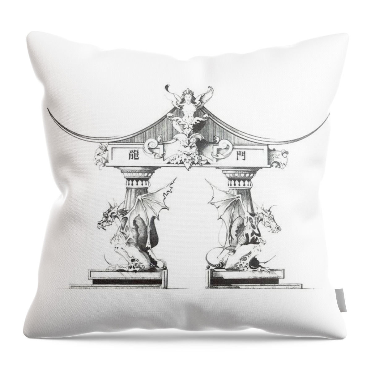 Gateway Throw Pillow featuring the drawing Dragon Gate by Julio R Lopez Jr
