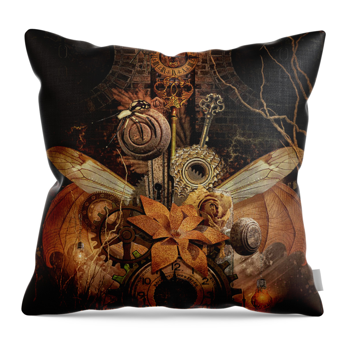 Steampunk Throw Pillow featuring the digital art Geared to Fly by Merrilee Soberg