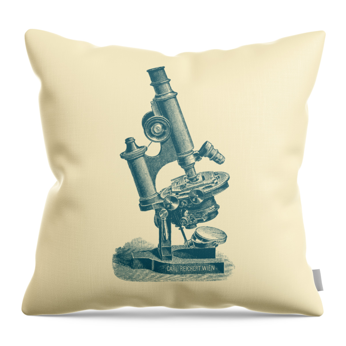 Microscope Throw Pillow featuring the digital art Geeky Microscope In Blue And Cream by Madame Memento