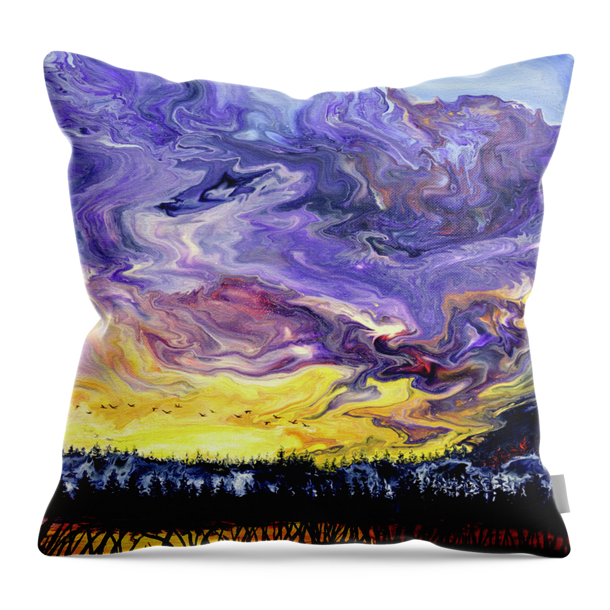 Geese Throw Pillow featuring the painting Geese Over a Wetlands Pond at Sunset by Laura Iverson