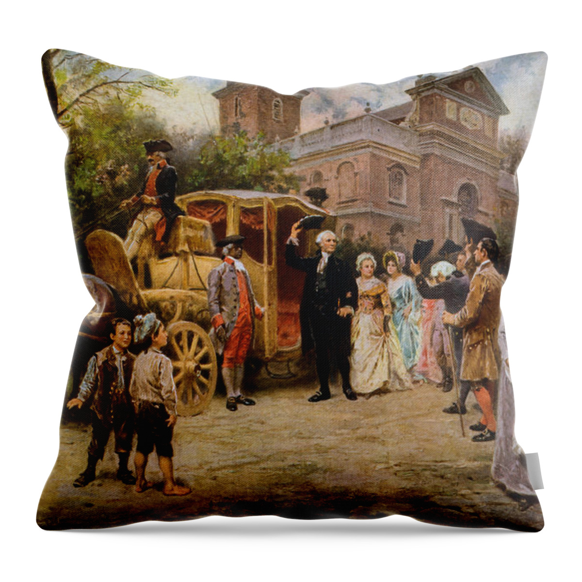 George Washington Throw Pillow featuring the painting George Washington arriving at Christ Church by War Is Hell Store