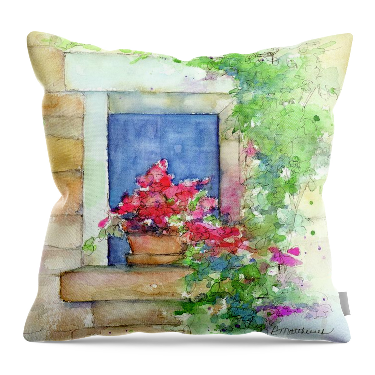 Floral Painting Throw Pillow featuring the painting Geranium in window by Rebecca Matthews