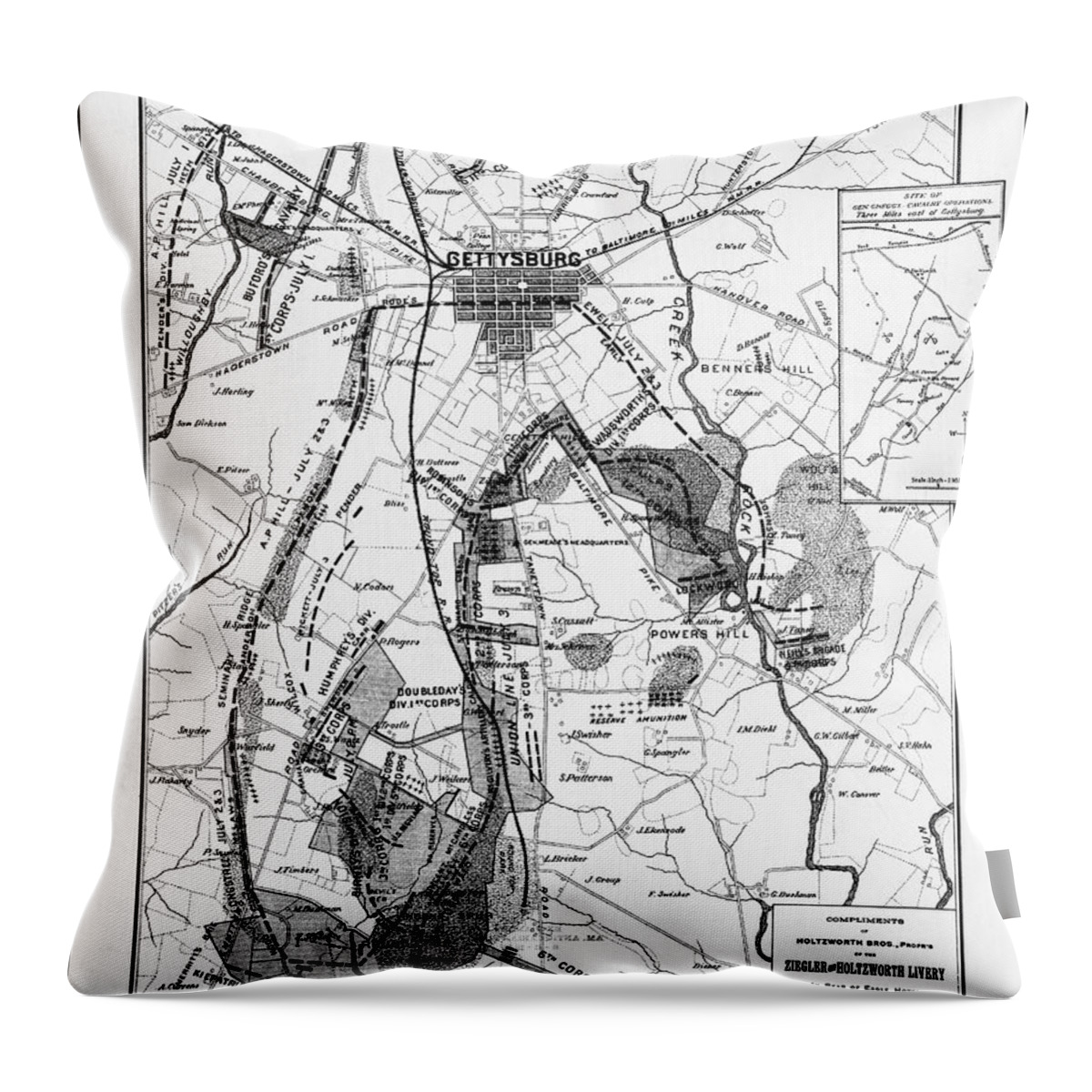 Gettysburg Throw Pillow featuring the photograph Gettysburg and Vicinity Vintage Map 1863 Black and White by Carol Japp