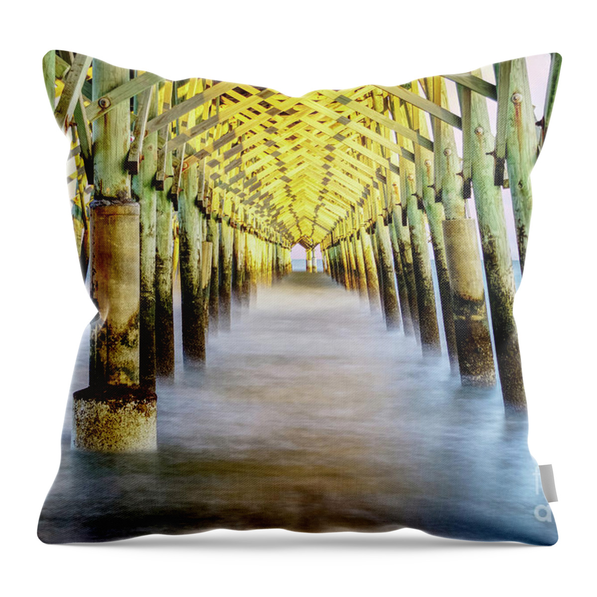 Folly Beach Throw Pillow featuring the photograph Ghostly Waves Under Folly Beach Pier by Jennifer White