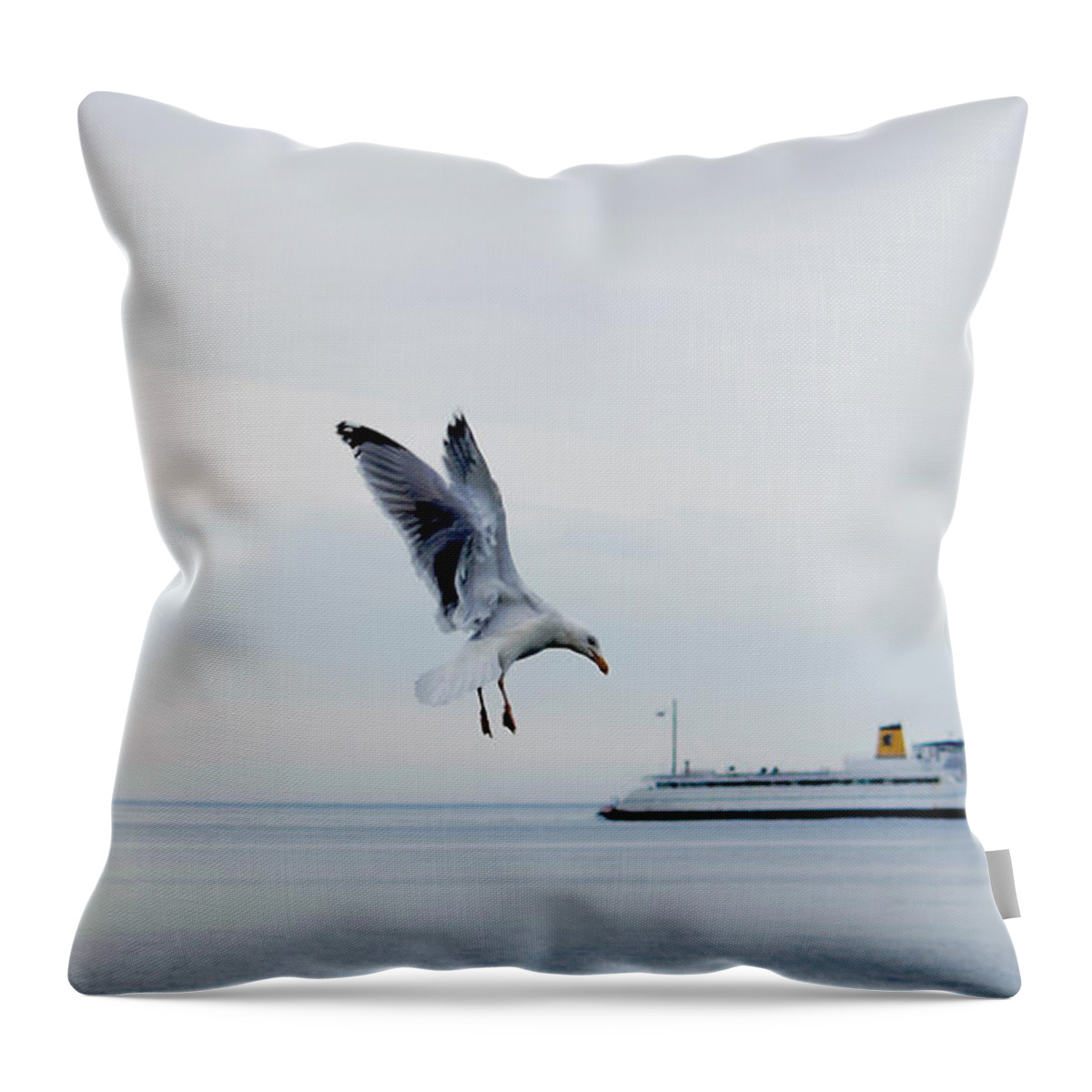 Seagull Throw Pillow featuring the photograph Giant Seagull Attacks Ferry by Debra Banks