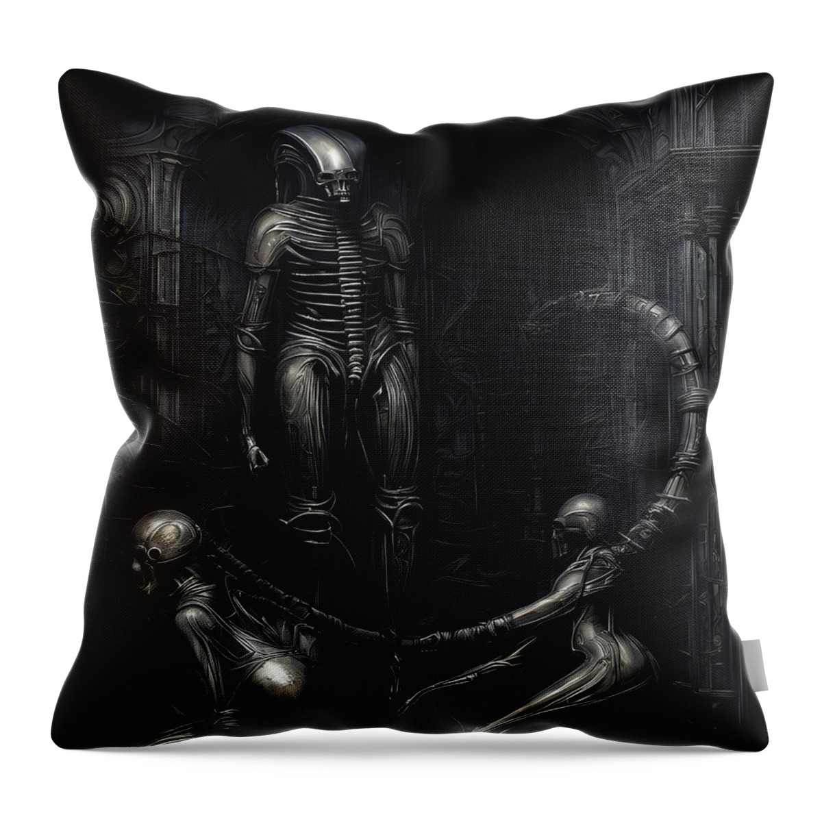 Hr Giger Style Weird Atmospheric Disturbing Submissive Submission Tied Up Bending Over Gimps Throw Pillow featuring the digital art Gimps by Tricky Woo