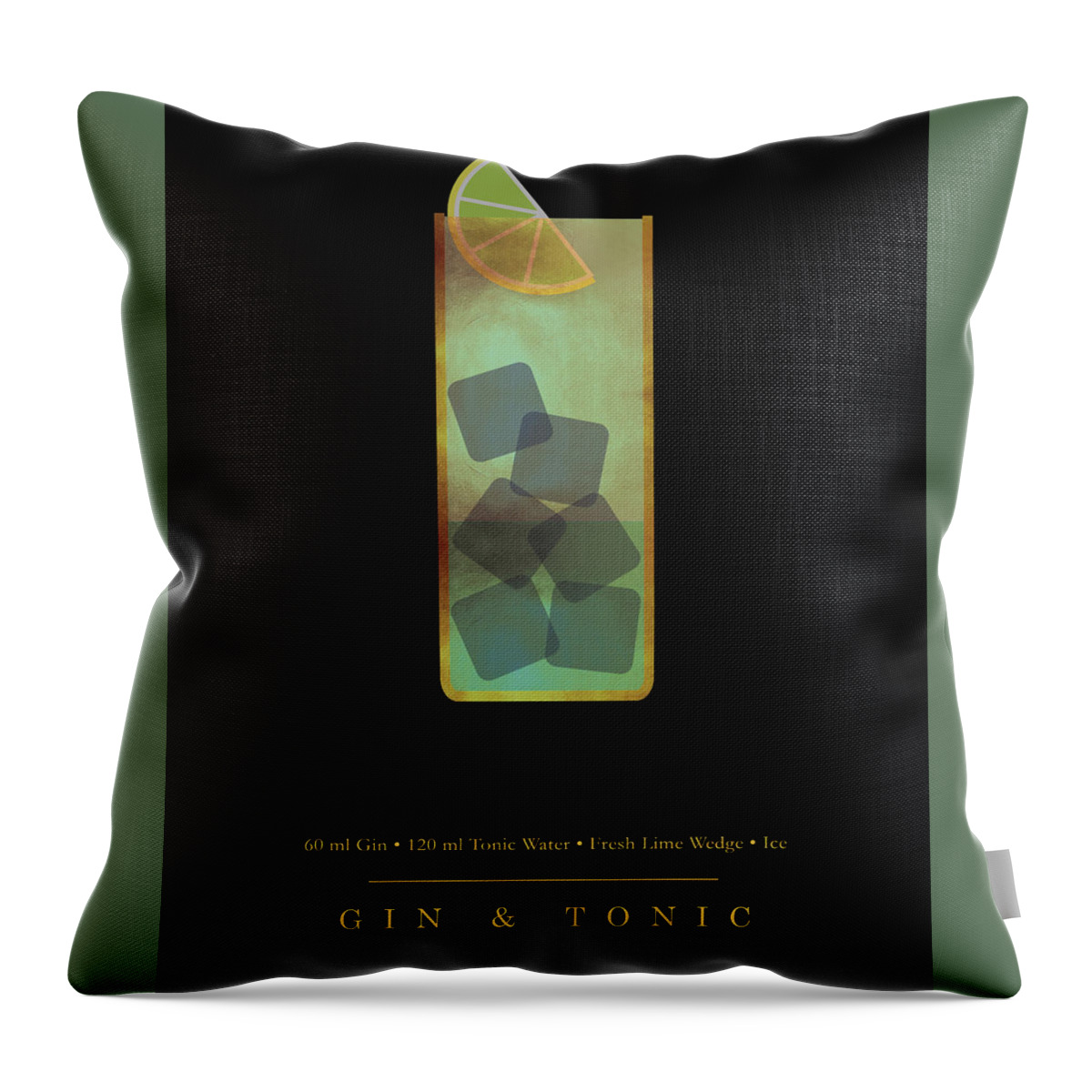 Gin And Tonic Throw Pillow featuring the digital art Gin and Tonic Cocktail - Classic Cocktail Print - Black and Gold - Modern, Minimal Lounge Art by Studio Grafiikka