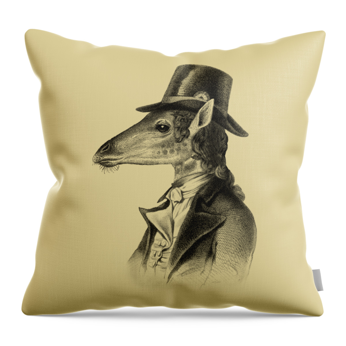 Giraffe Throw Pillow featuring the mixed media Giraffe in regency style clothes by Madame Memento