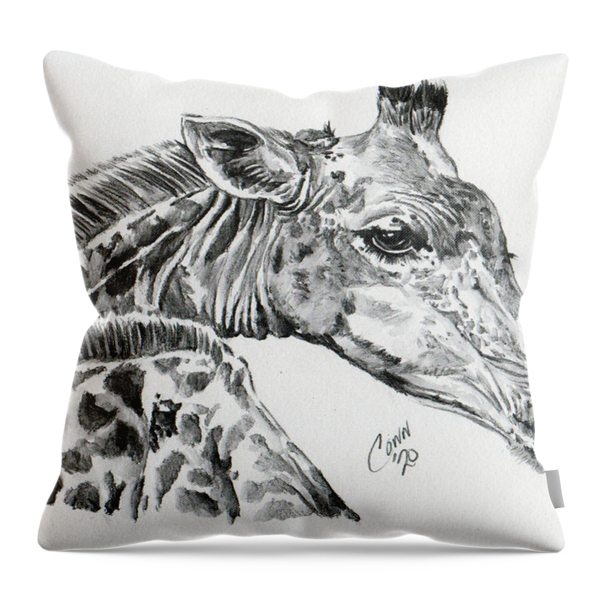 Giraffe Throw Pillow featuring the drawing Giraffe by Shawn Conn