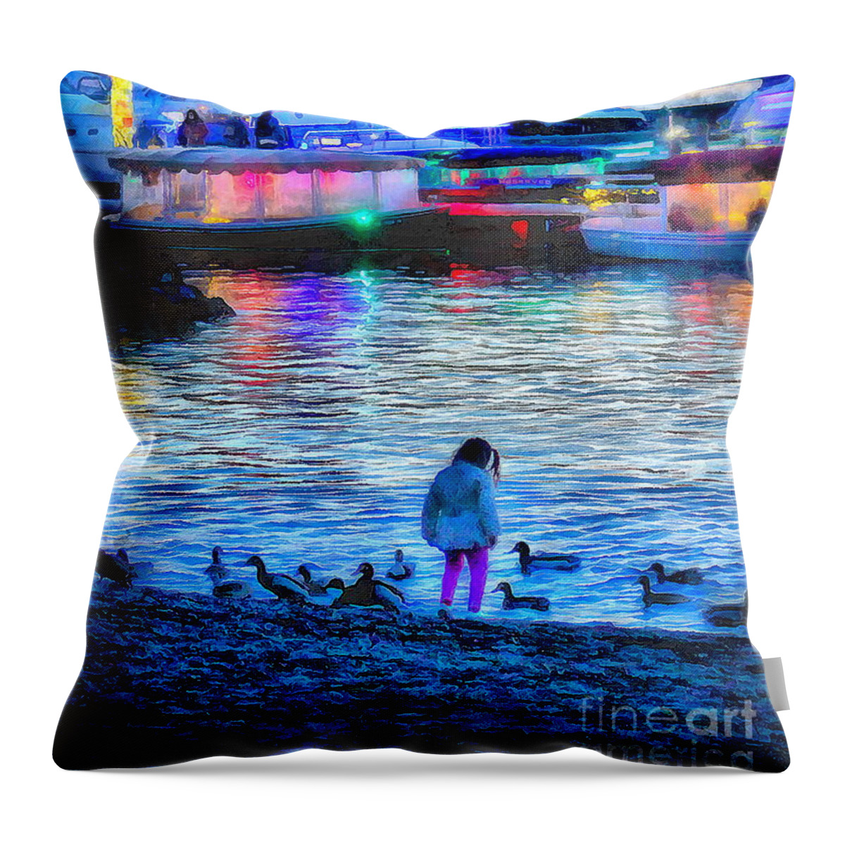 Girl Throw Pillow featuring the photograph Girl by the Lake with Holiday Lights by Sea Change Vibes