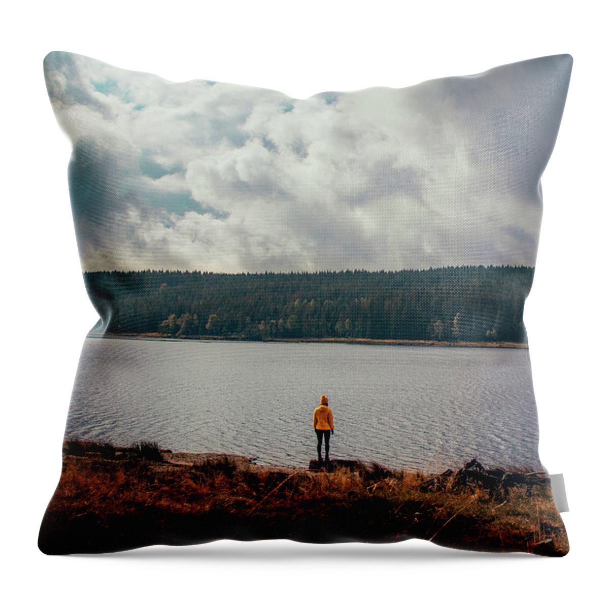 Elegant Throw Pillow featuring the photograph Girl on the bank of the dam by Vaclav Sonnek