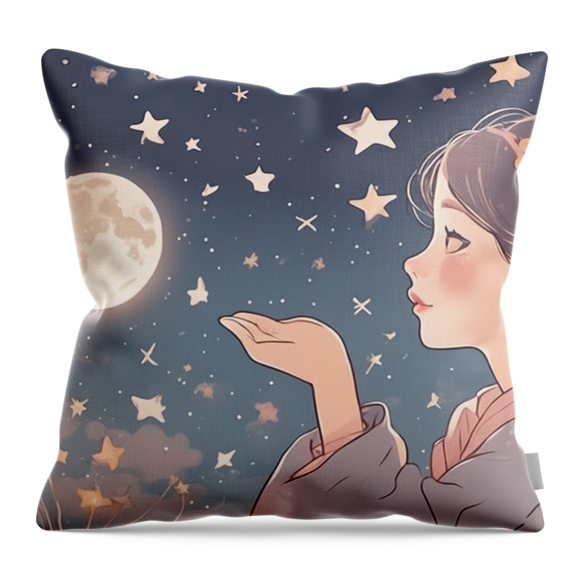Night Throw Pillow featuring the digital art Girl Playing with the Moon by Manjik Pictures