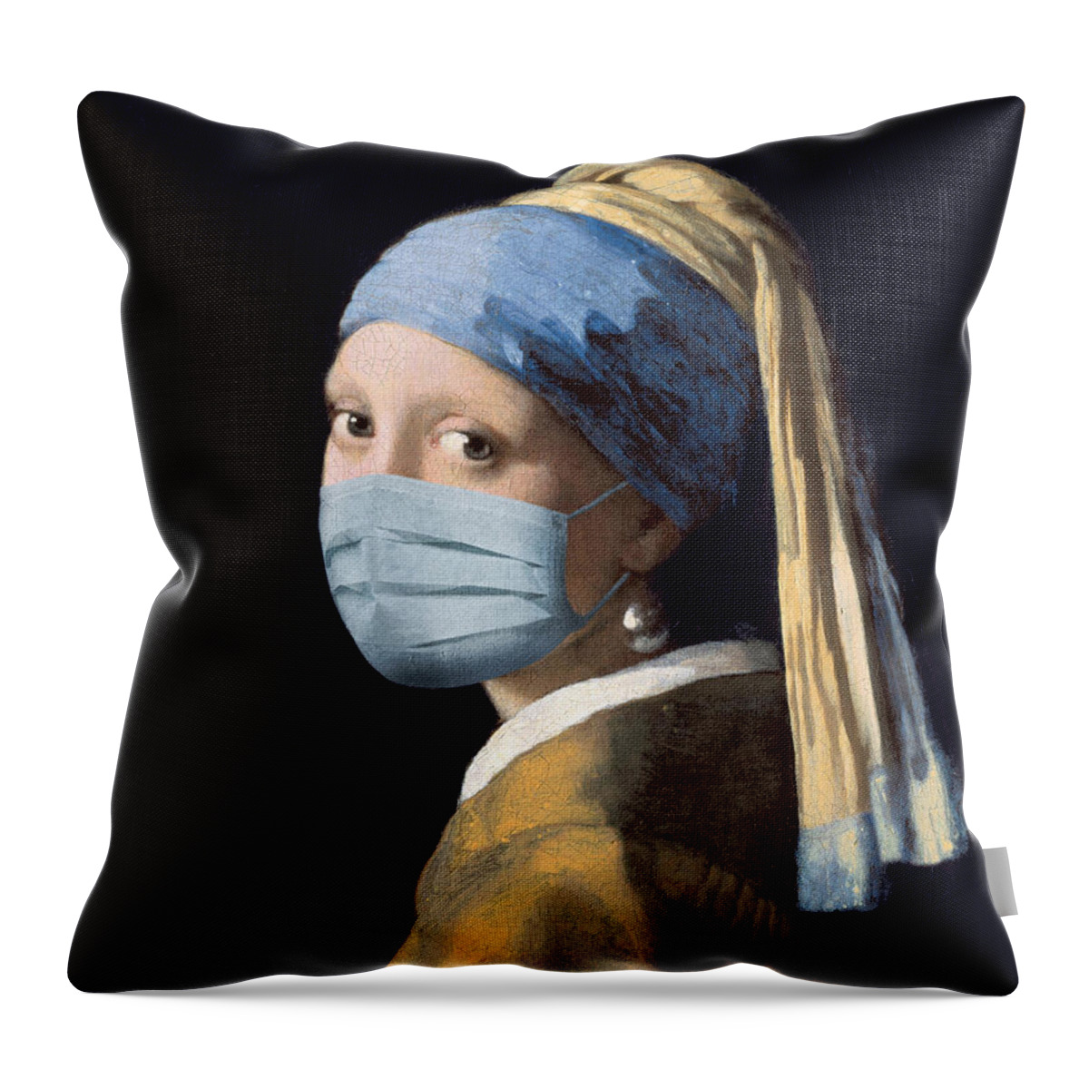 Girl Throw Pillow featuring the painting Girl with a mask and a pearl earring by Delphimages Photo Creations