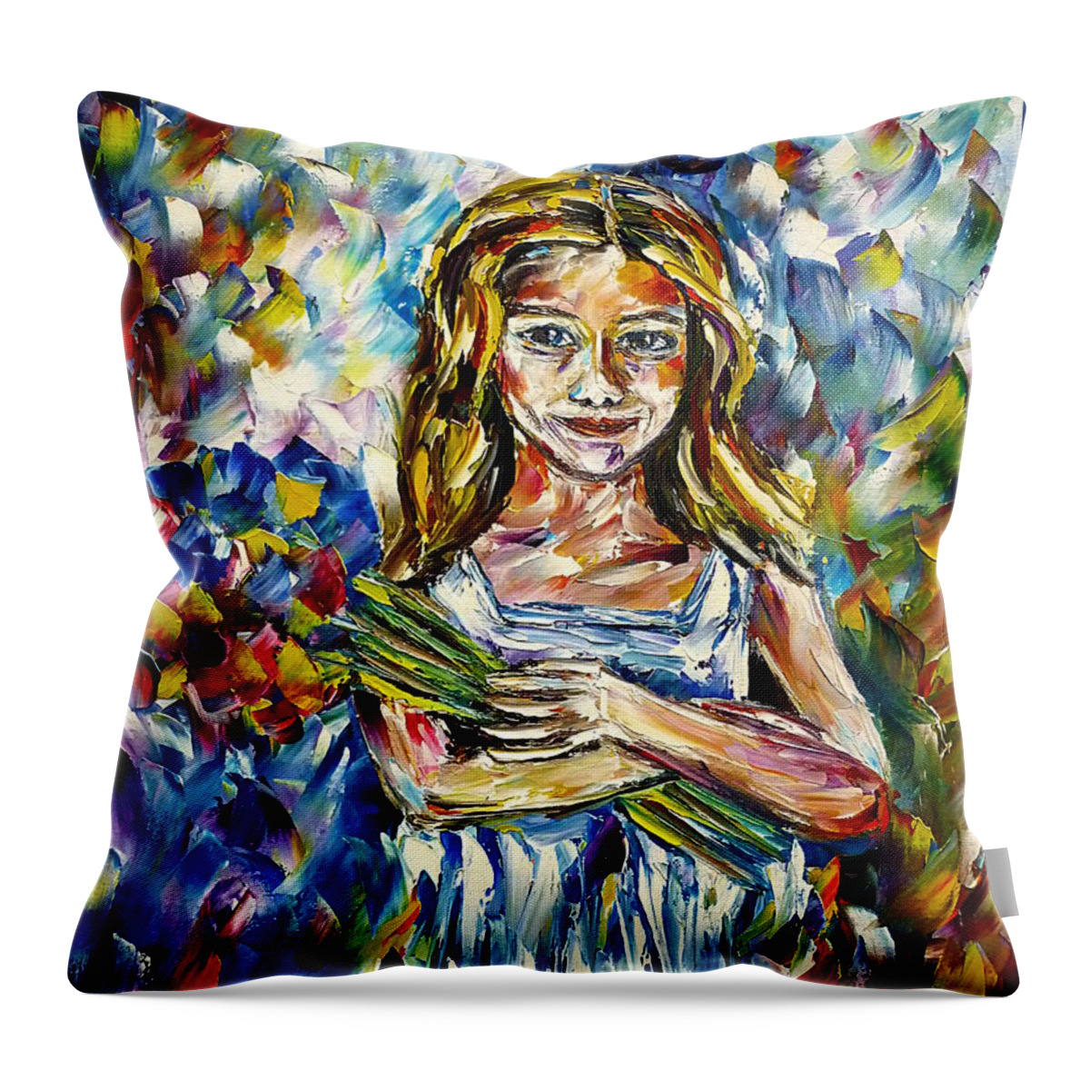Young Girl Throw Pillow featuring the painting Girl With Flowers by Mirek Kuzniar