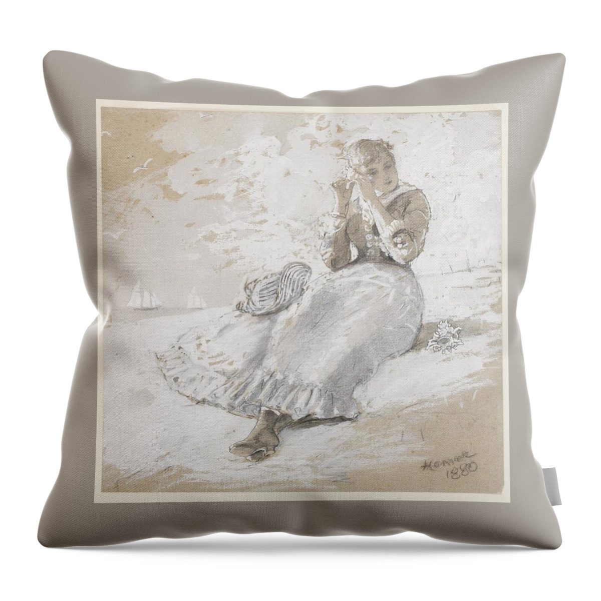 Shell Throw Pillow featuring the painting Girl With Shell At Ear by Winslow Homer