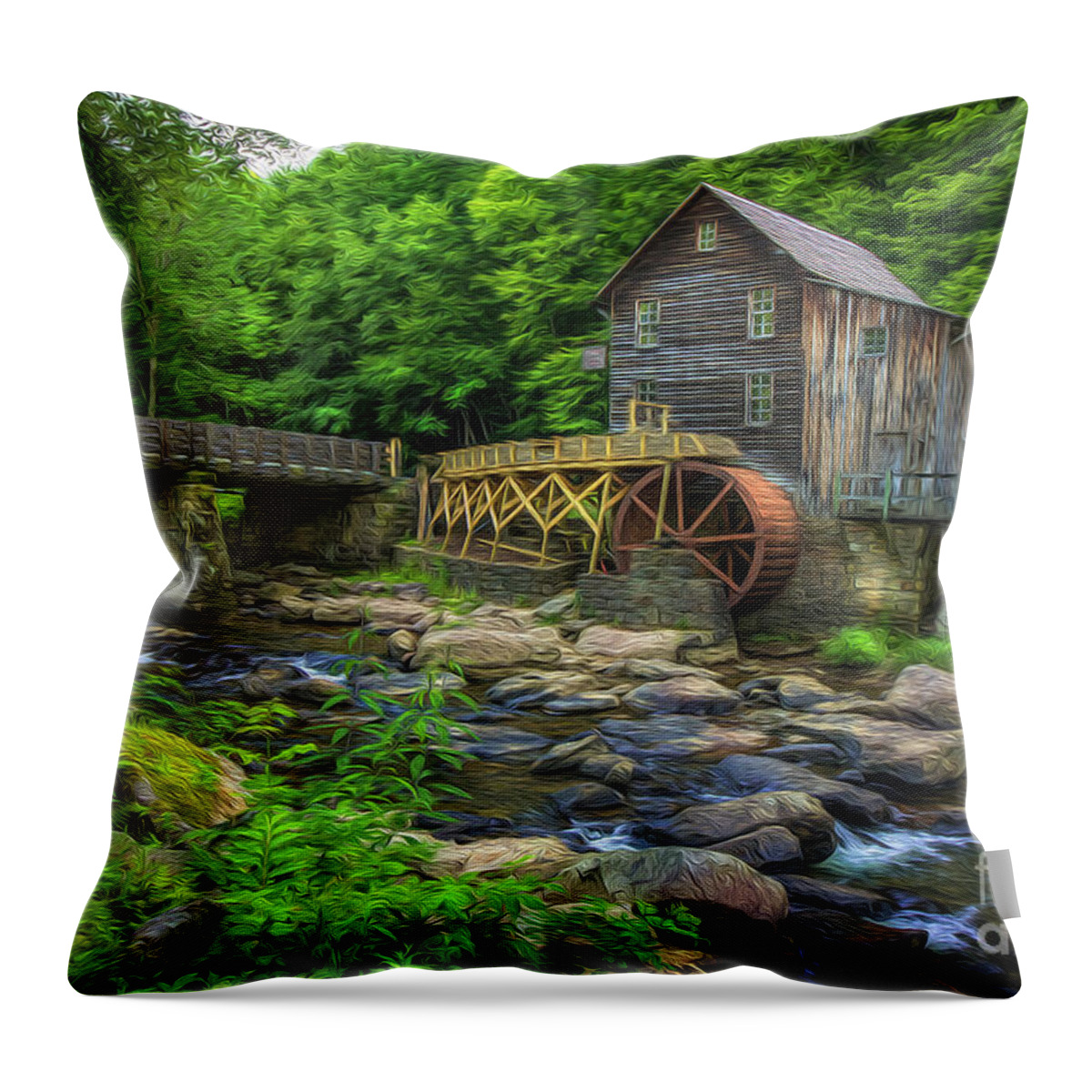 Glade Creek Throw Pillow featuring the pastel Glade Creek Grist Mill oil painting by Shelia Hunt