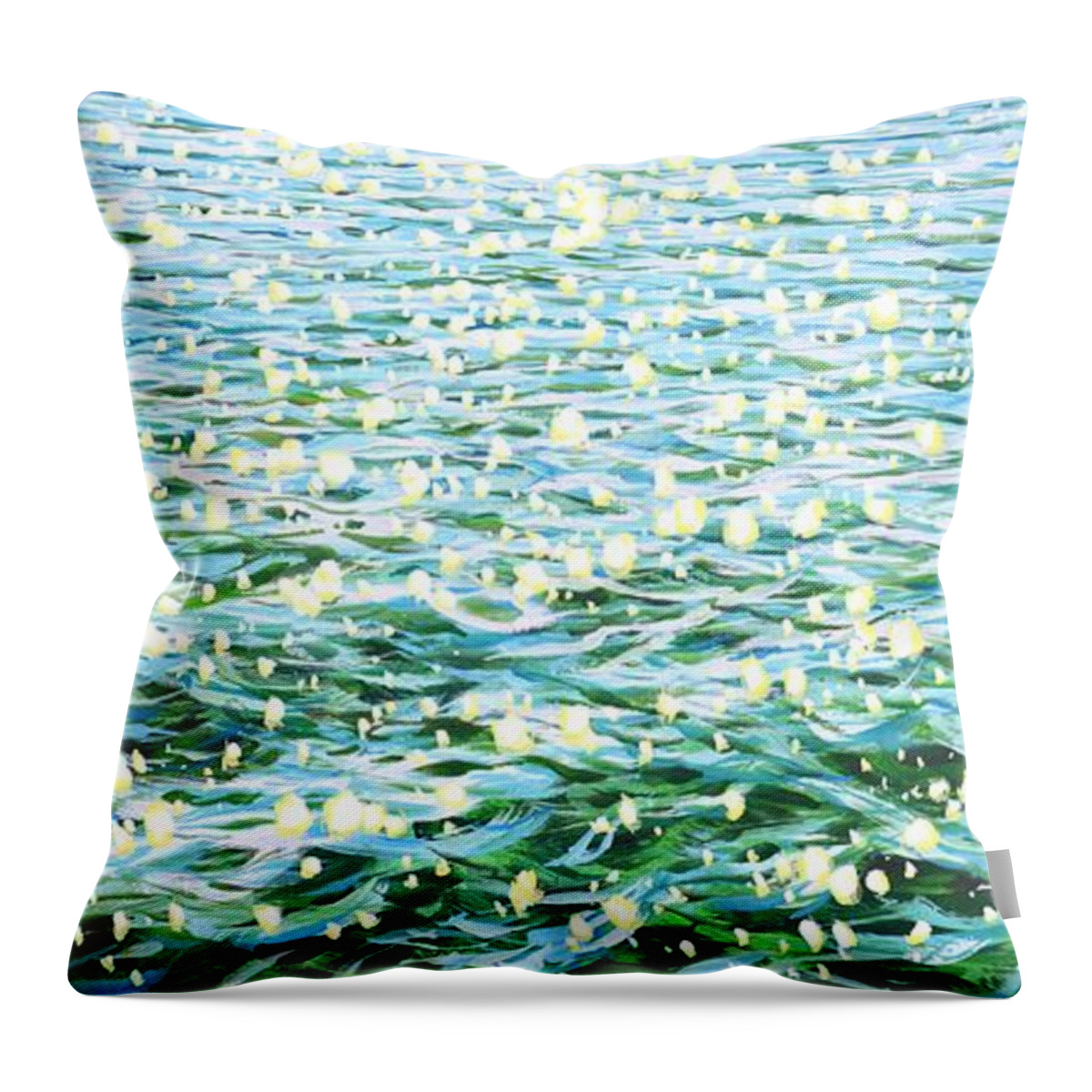 Glare Throw Pillow featuring the painting Glare in emerald water. by Iryna Kastsova