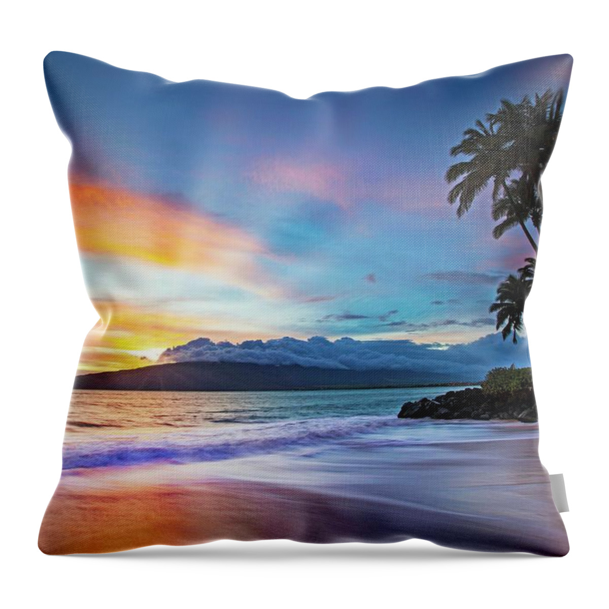 Maui Hawaii Seascape Sunset Palmtrees Throw Pillow featuring the photograph Glorious by James Roemmling