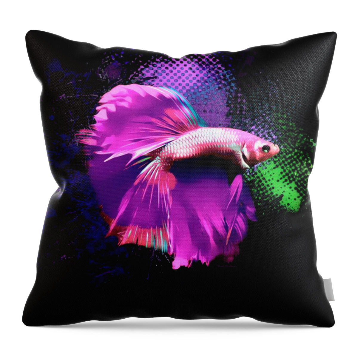 Fish Throw Pillow featuring the digital art Glowing Magenta Betta Fish Abstract Portrait by Scott Wallace Digital Designs